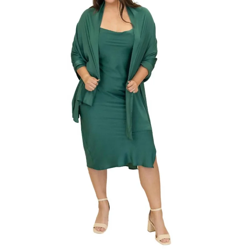 Mirage Cowl Neck Midi Dress With Shawl In Forest Green