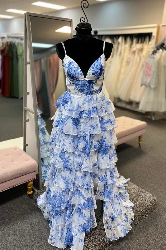 Blue Print V-Neck Ruffle Tiered Long Dress with Slit