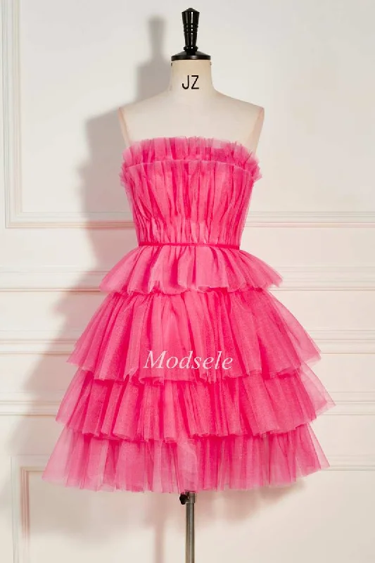 Hot Pink Strapless Tiered A-Line Short Party Dress with Ruffles