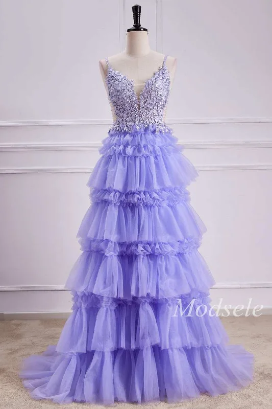 Tiered Ruffle Appliques Lace-Up Long Prom Dress in Lavender