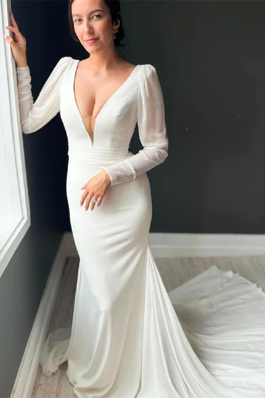 White Plunge V Backless Mermaid Long Wedding Dress