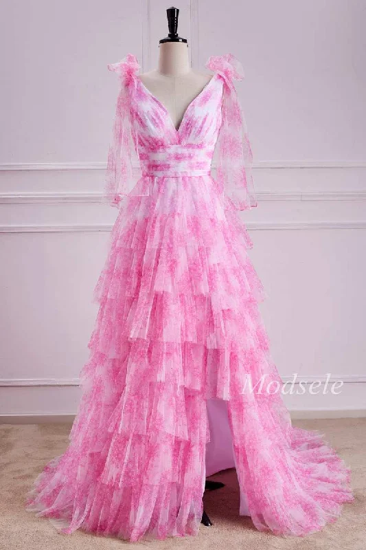 Tiered Ruffle V-Neck Bow Strap Tulle Long Gown in Pink Print