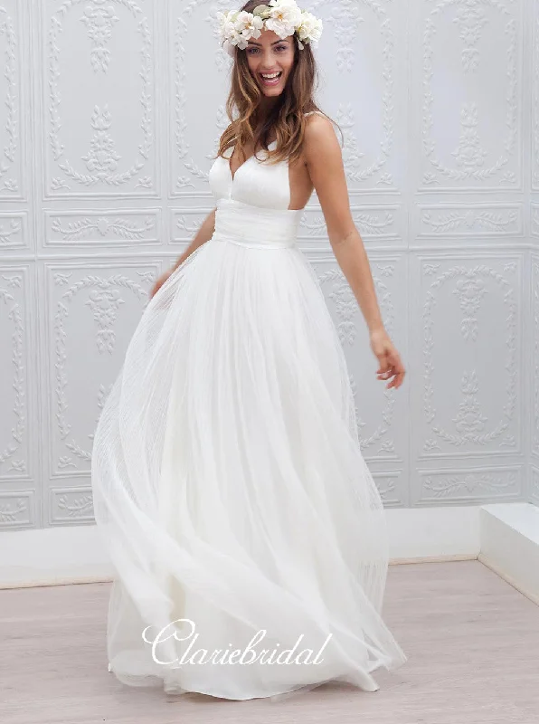 Simple Design Long Wedding Party Dresses, V-neck Tulle Wedding Dresses