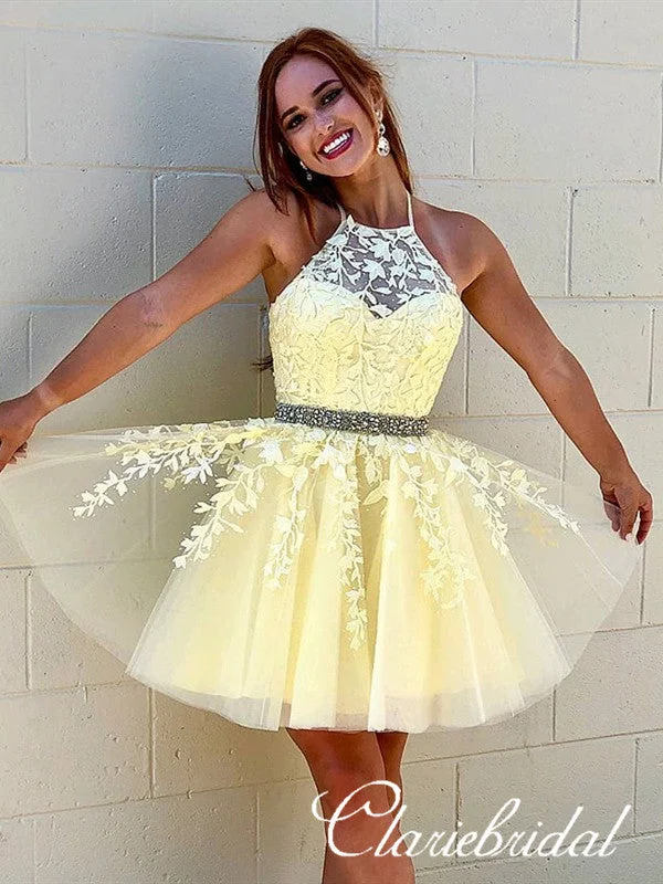 Lovely Yellow Lace Beaded Short Prom Dresses, Popular Homecoming Dresses