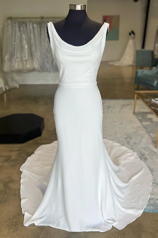 White Cowl Neck Open Back Mermaid Long Wedding Dress