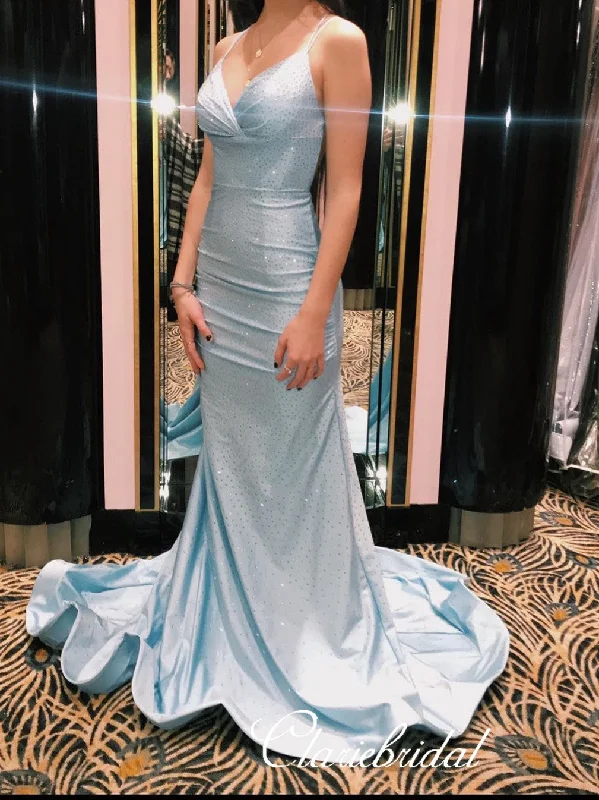 Spaghetti Long Mermaid Light Blue Satin Beaded Prom Dresses, Gorgeous Prom Dresses, 2020 Prom Dresses