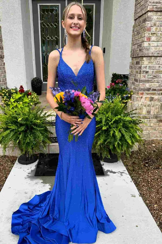 Royal Blue Mermaid Beaded V-Neck Sleeveless Long Prom Dress