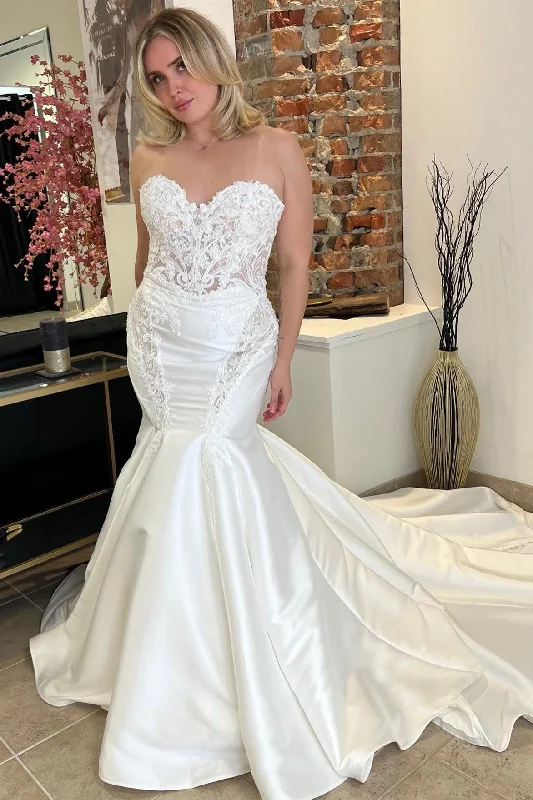 White Satin Lace Strapless Trumpet Long Wedding Dress