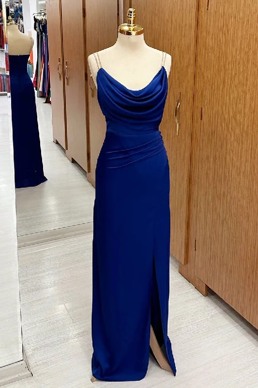 Royal Blue Cowl Neck Sheath Maxi Dress with Slit