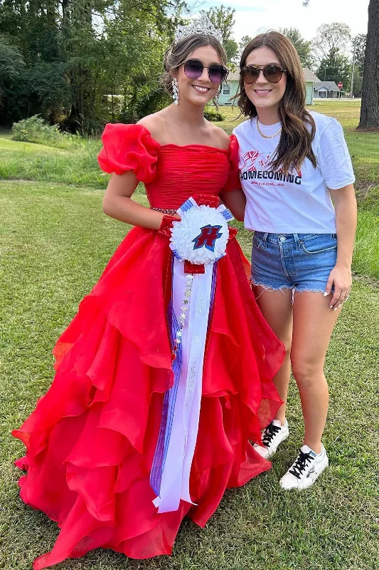 Red Off-the-Shoulder Puff Sleeve Multi-Layer Long Prom Dress