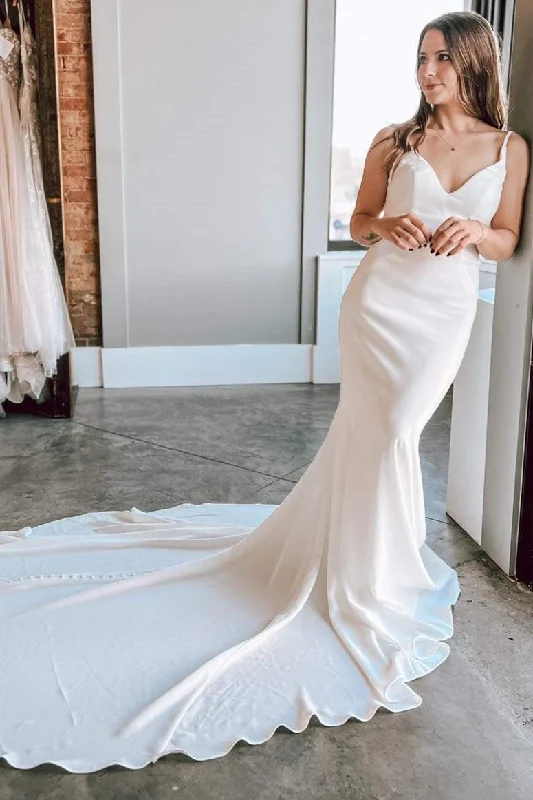 White V-Neck Tie-Back Mermaid Long Wedding Dress