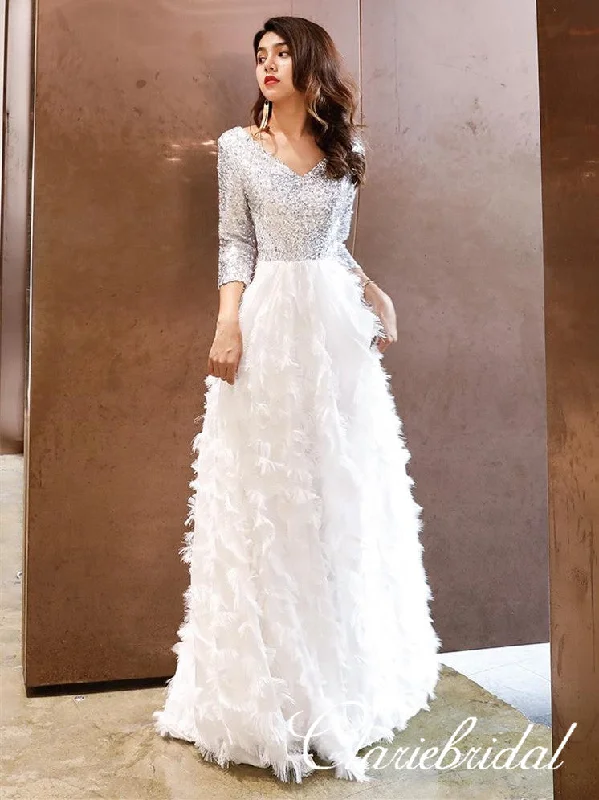 V-neck Silver Sequin Top Long A-line White Feather Skirt Prom Dresses, New Arrival Prom Dresses, Long Prom Dresses