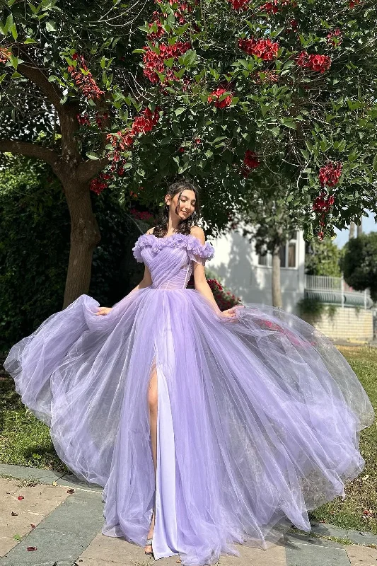 Off Shoulder Lilac Bridal Gowns, A-line Tulle Popular Newest Long Prom Dresses, Appliques Wedding Dresses