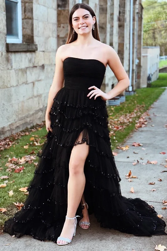 Black Tulle Strapless Ruffle Beaded Long Prom Dress with Slit