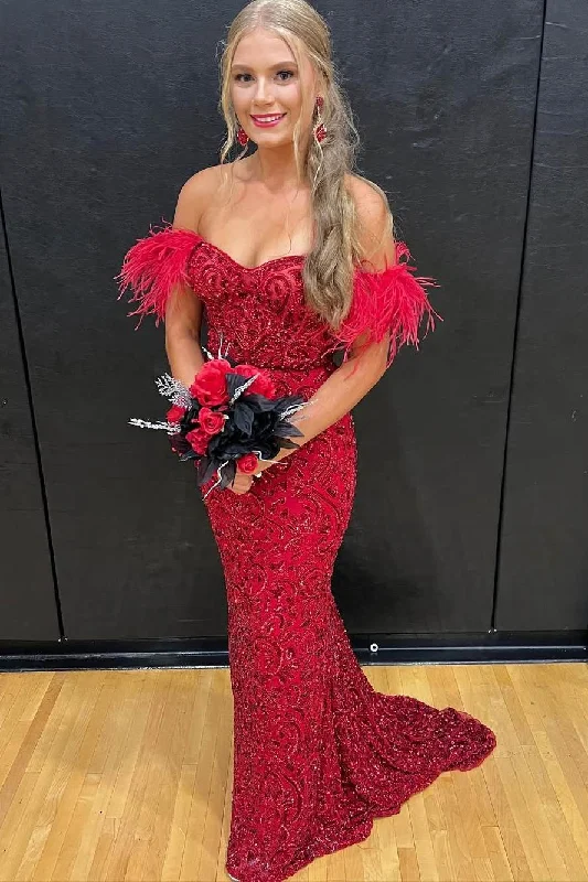 Red Off-Shoulder Mermaid Sequins Appliques Long Prom Dress with Feathers