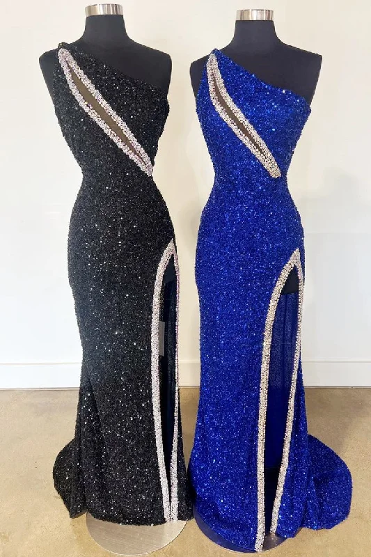 One-Shoulder Sequin Rhinestone Keyhole Long Dress with Slit