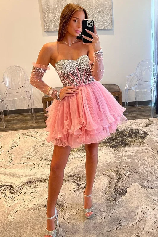 Pink Sweetheart Multi-Layer Beaded Short Gown