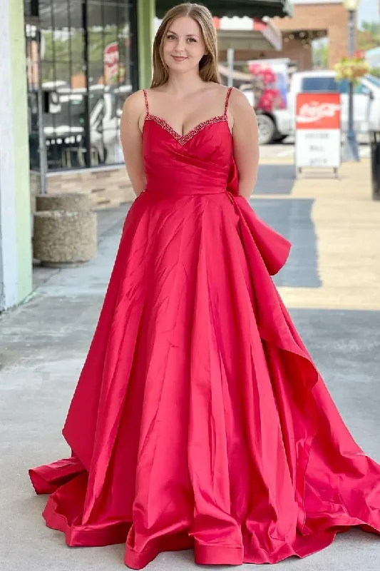 Spaghetti Straps A-line Prom Dresses, Simple Satin Prom Dresses With Bow, 2025 Newest Long Prom Dresses