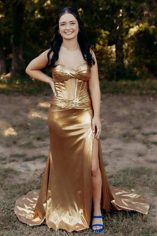 Gold Strapless Mermaid Metallic Sleeveless Keyhole  Side Slit Long Prom Dress