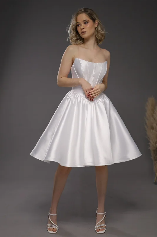 Strapless Ivory Satin Mini Wedding Dresses, Corset Bones Mini Dresses, Homecoming Dresses