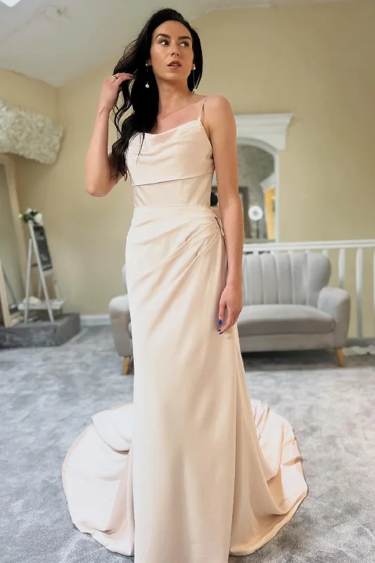 Champagne Cowl-Neck Sheer Back Long Wedding Dress