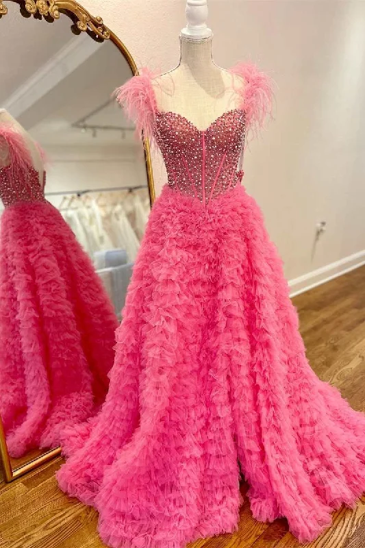 Hot Pink Beaded Feather Off-the-Shoulder Tiered Long Prom Dress with Ruffles