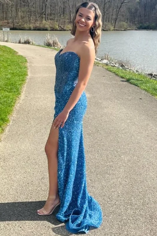 Stunning Strapless Mermaid High Slit Sequined Long Prom Dress