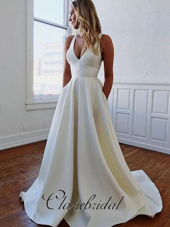 Simple Ivory A-line Wedding Dresses, Elegant Long Wedding Dresses