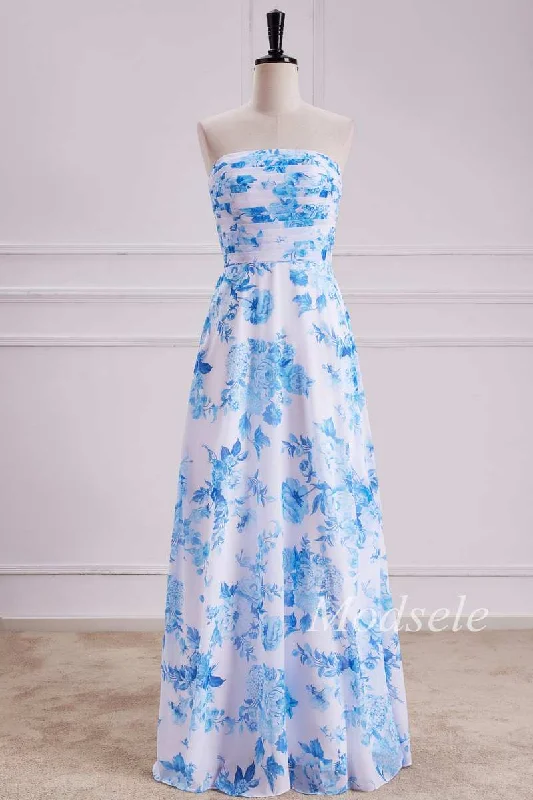 Floral Print Shirred Bodice Strapless Maxi Dress