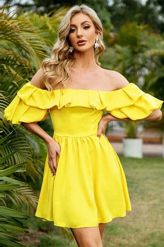 Yellow Off-the-Shoulder Puff Sleeve Ruffled Short Party Dress