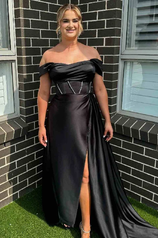 Black Off-Shoulder A-Line Empire-Waist Pleated Long Prom Dress with Slit