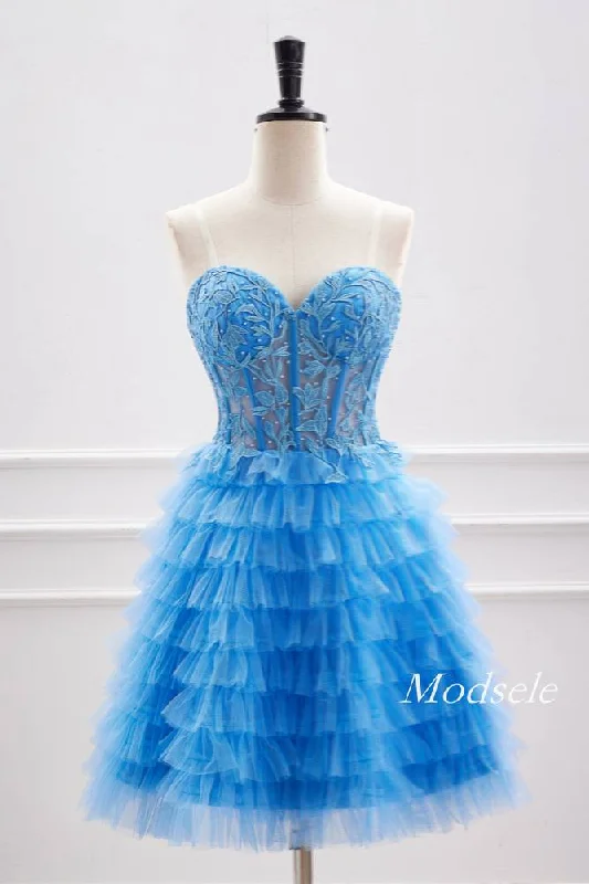 A-Line Strapless Applique Multi-Layers Tulle Sleeveless Short  Homecoming Dress