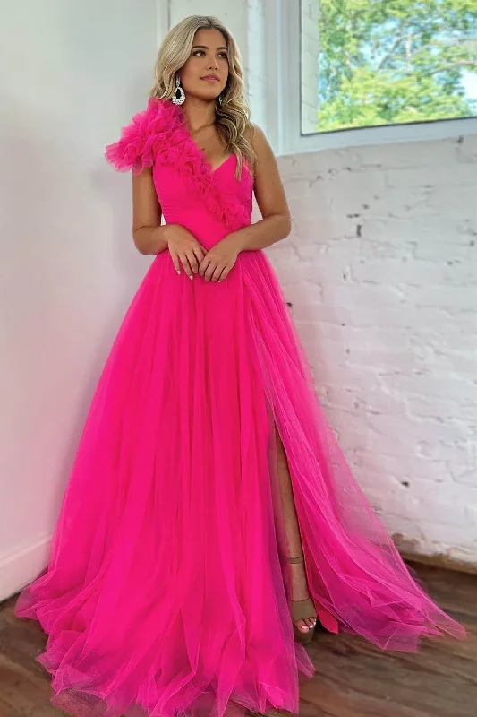 A-Line Hot Pink One Shoulder Tulle Long Prom Dress with Slit