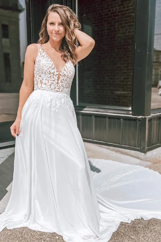 White Appliques Plunge V Open Back Long Wedding Dress