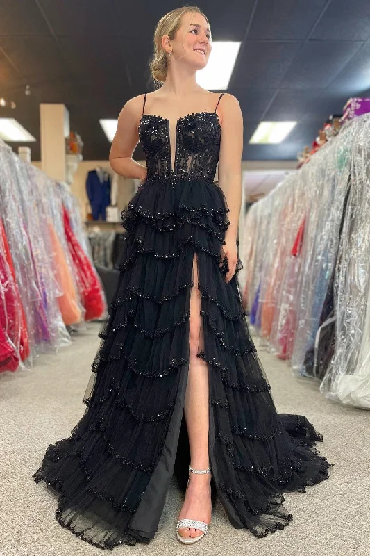 A-Line Sequin Lace Spaghetti Strap Ruffle Tiered Long Prom Dress