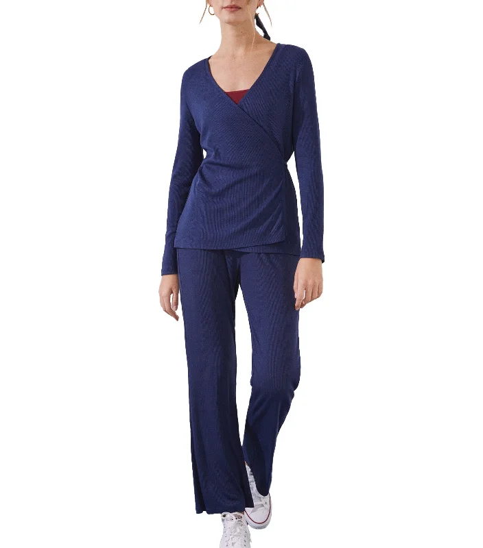 Long Ribbed Pajamas with Wrap Top Set Blue