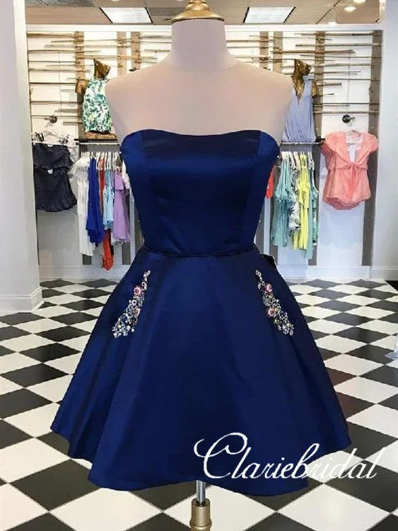 Strapless Navy Satin Short Prom Dresses WIth Pocket, Homecoming Dresses