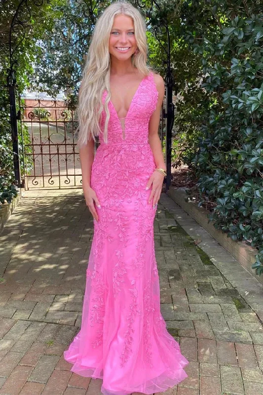 Deep V-Neck Straps Pink Lace Appliques Mermaid Long Prom Dress