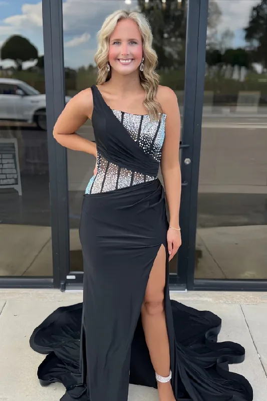 Black One Shoulder Beads Sleeveless Long Prom Dress with Slit