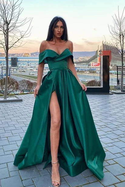 Off-Shoulder V-Neck Empire-Waist Satin High Slit Pleated Long Prom Dress