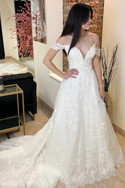 White Appliques Off-the-Shoulder Sheer Back Long Wedding Dress