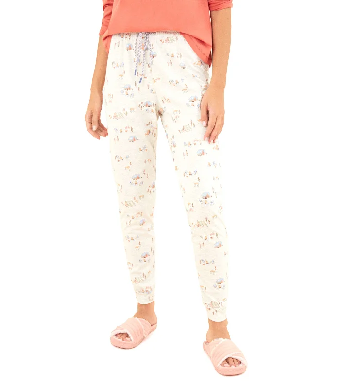 Long 100% Cotton Camping Print Pants White