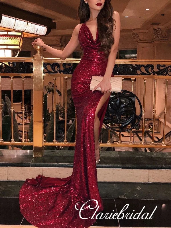 Sexy Long Mermaid Red Sequin Prom Dresses, Side Slit Prom Dresses, Long Prom Dresses, Affordable Prom Dresses