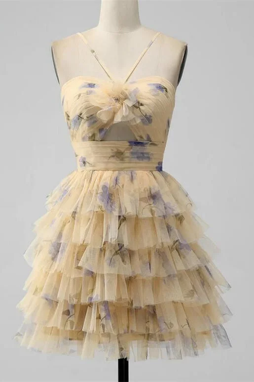 Cute Printed Tulle Mini Dresses, Vacation Dresses, Concert Wear, Homecoming Dresses