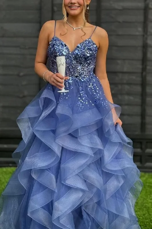 Spaghetti Straps V-Neck Ruffles Tulle Sleeveless Long Prom Dress