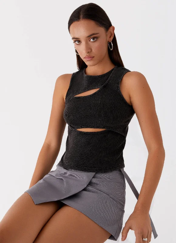 Beyond Cut Out Ribbed Top - Charcoal