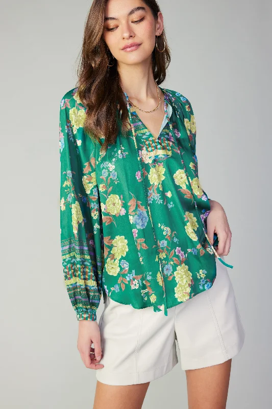 Floral Motif Tieneck Blouse